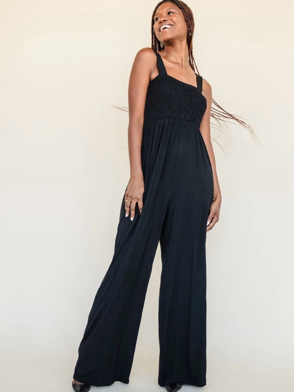 Elevated Closet Tall Mallory Smocked Black Sleeveless Jumpsuit Medium